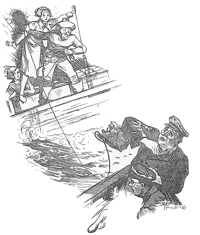 A pen drawing from the second story: two girls and a sailor on a quay heave a line while a man topples into the water