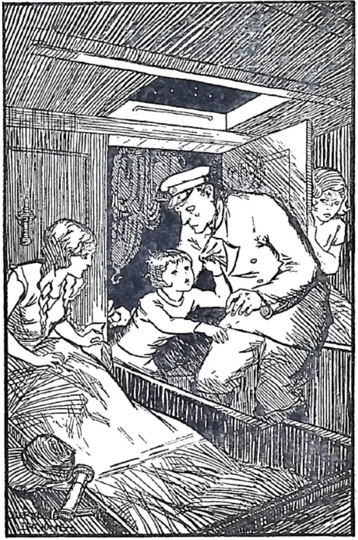Beryl Irving’s frontispiece: a ship’s cabin, a child reaching up to a man in a captain’s cap while two girls watch