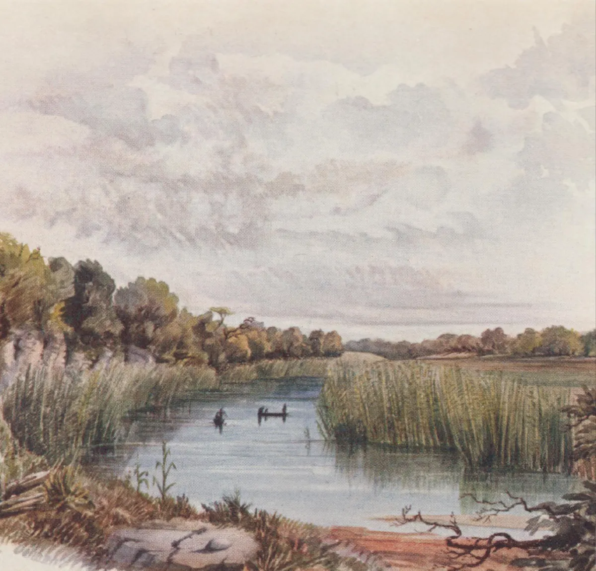 A watercolour by Alfred Dolman: a still river between reed beds and trees, two figures in canoes, under a wide cloudy sky