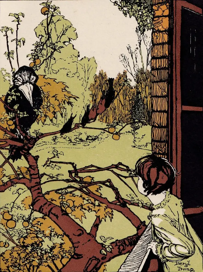 A colour plate from The Dawnchild, 1926: Mig at her window, a large dark bird in the apple tree outside